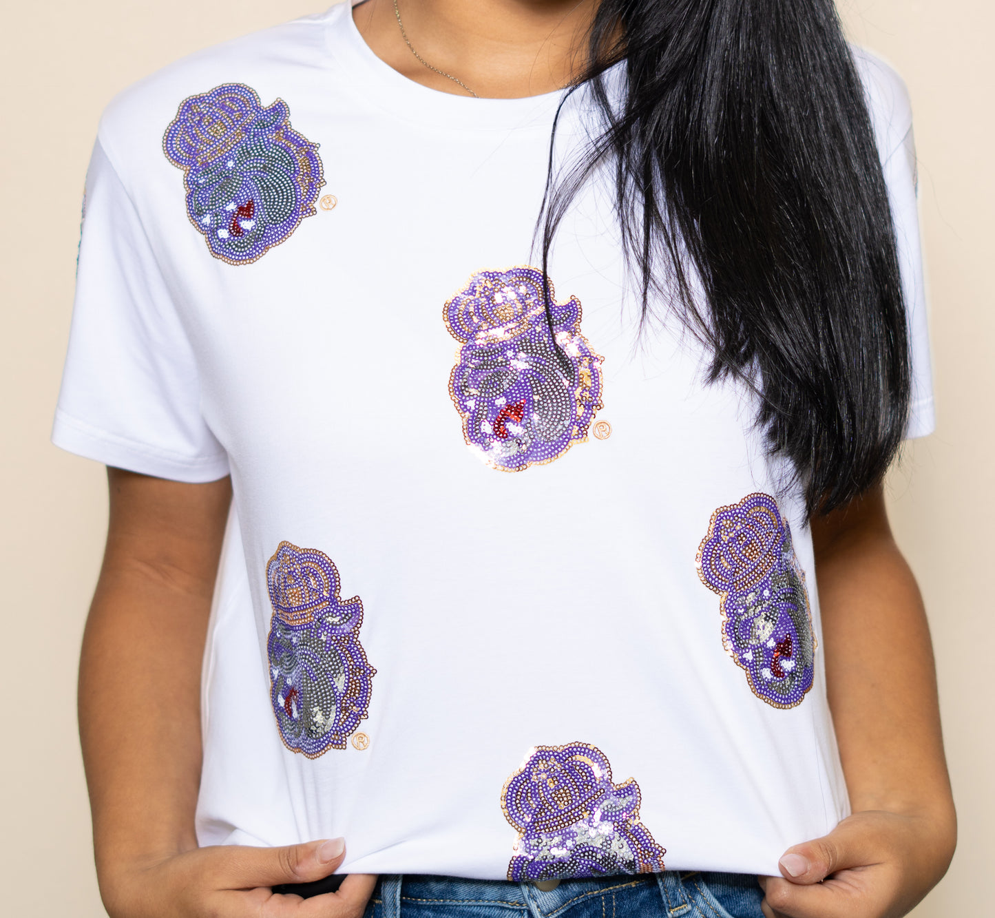 James Madison University - JMU Scattered (Licensed) | Women's Sequin Design Tee (White)