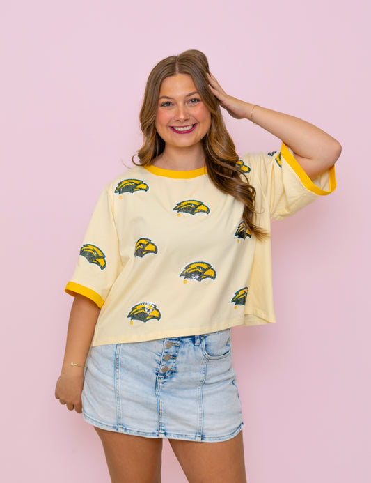 **PRE-ORDER ONLY** Wholesale | Southern Miss (LICENSED) | Women's Oversized Scattered Crop Tee (Butter Yellow)
