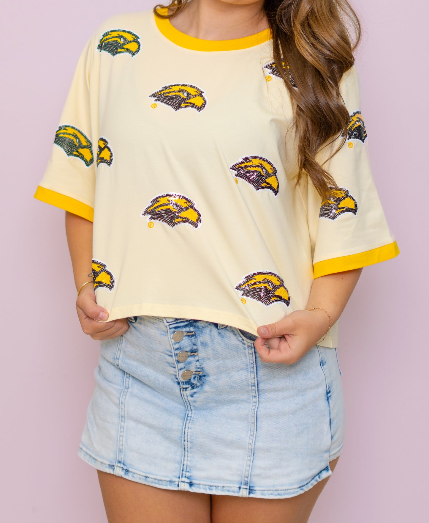 Southern Miss (LICENSED) | Women's Oversized Scattered Crop Tee (Butter Yellow)
