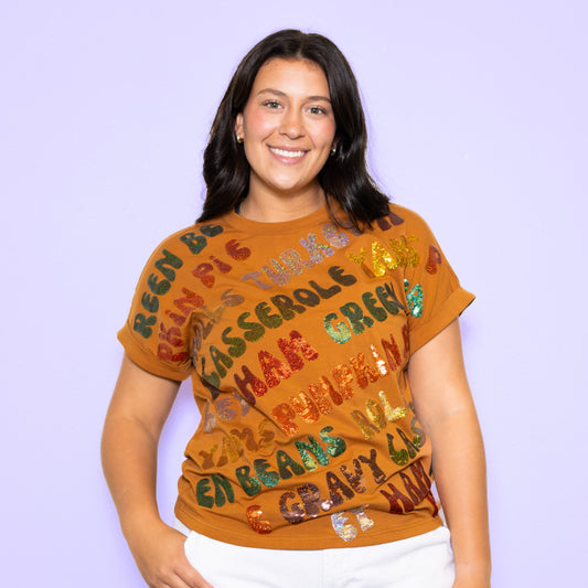 **PRE-ORDER ONLY** Thanksgiving | Women's Sequin Design Cuff Sleeve Tee (Copper)