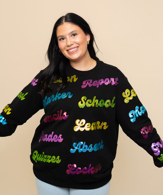 School Time | Women's Sequin Design Sweatshirt (Black)