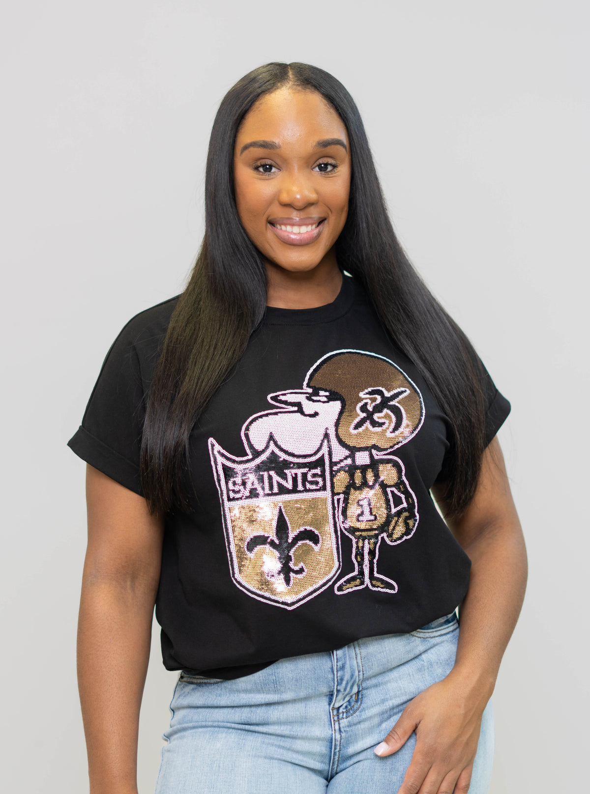 New Orleans Saints (Licensed) | Sir Saint | Women's Sequin Design Cuff Sleeve Tee (Black)