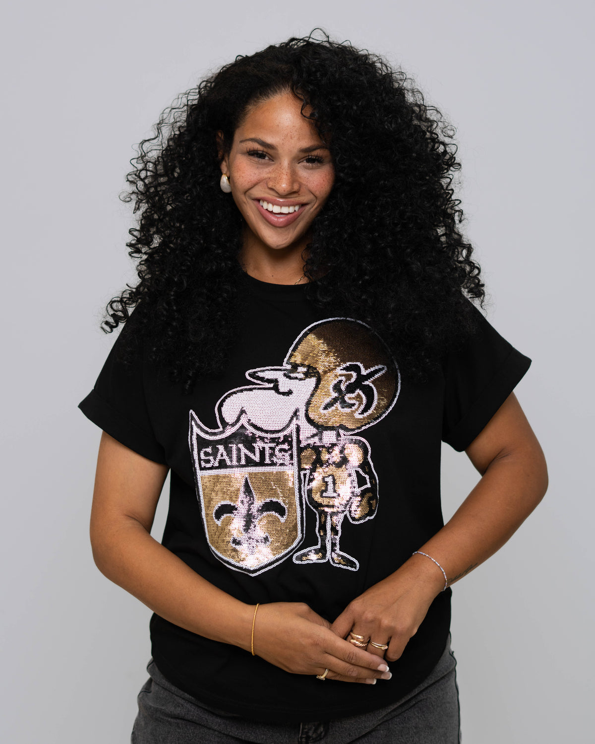 New Orleans Saints (Licensed) | Sir Saint | Women's Sequin Design Cuff Sleeve Tee (Black)