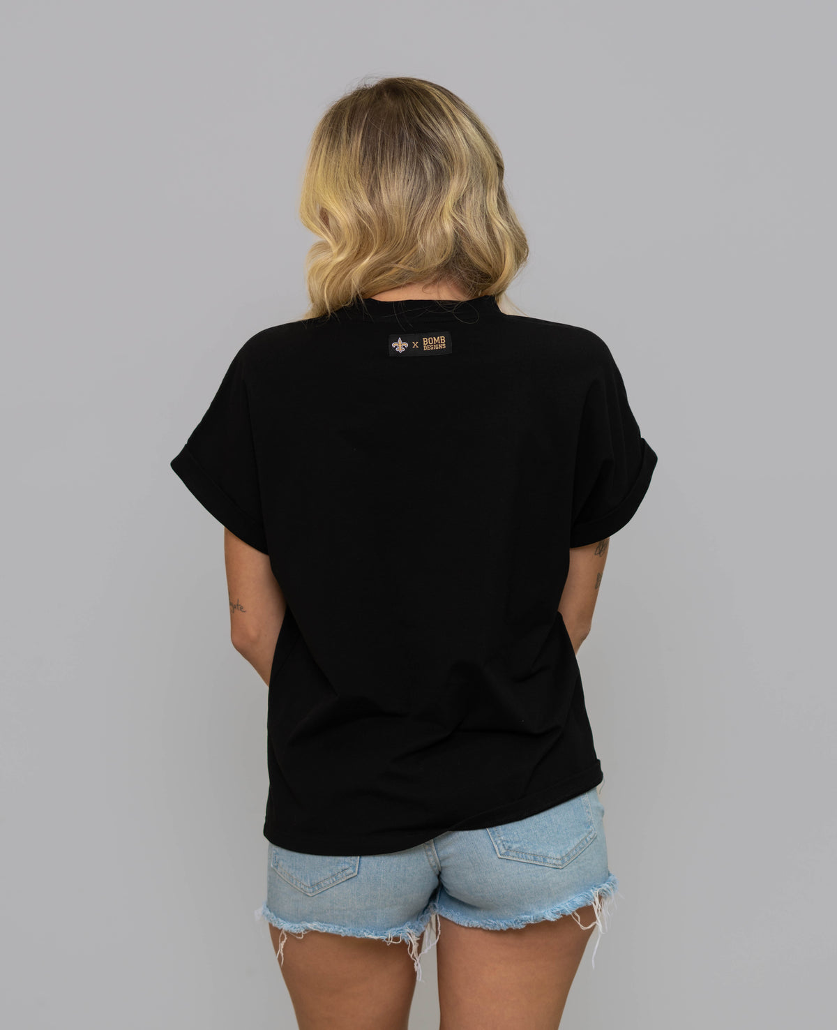 New Orleans Saints (Licensed) | Sir Saint | Women's Sequin Design Cuff Sleeve Tee (Black)