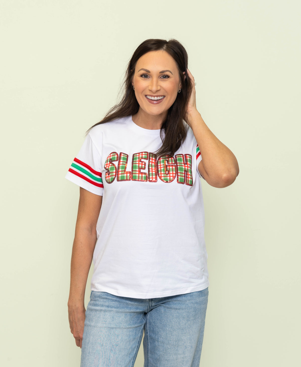 **PRE-ORDER ONLY** Wholesale | Sleigh All Day | Women's Sequin &  Appliqué Plaid Embroidery with Varsity Stripe Sleeves (White)