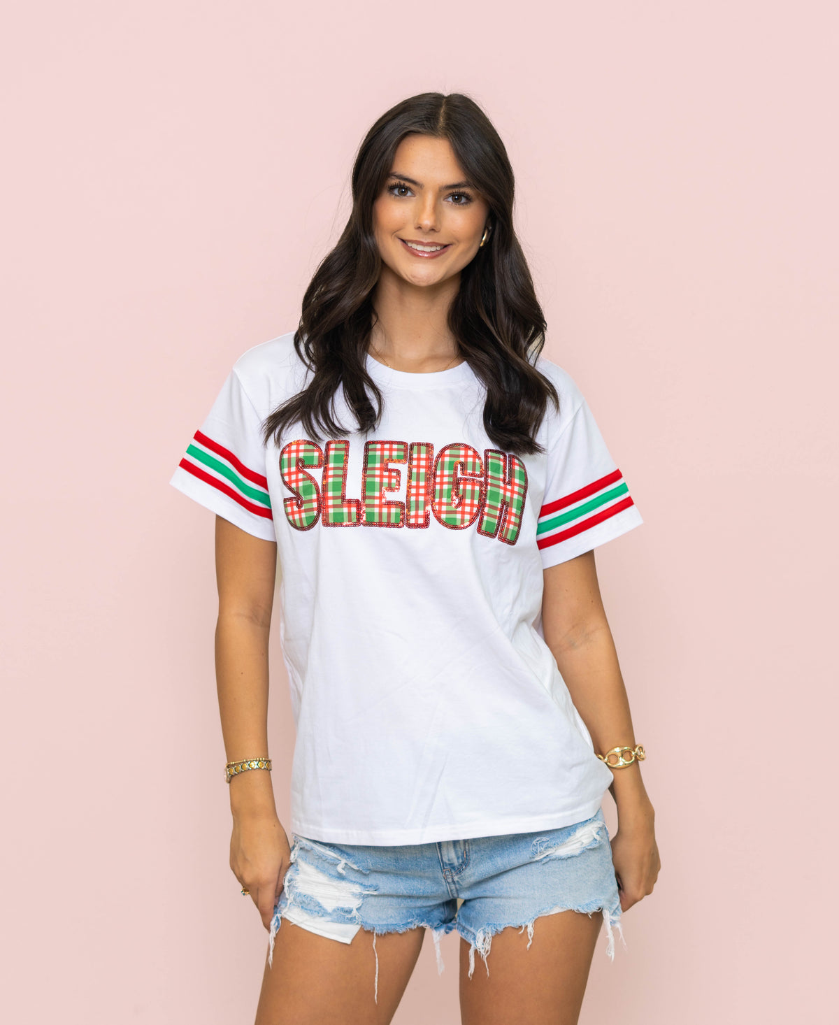 **PRE-ORDER ONLY** Wholesale | Sleigh All Day | Women's Sequin &  Appliqué Plaid Embroidery with Varsity Stripe Sleeves (White)