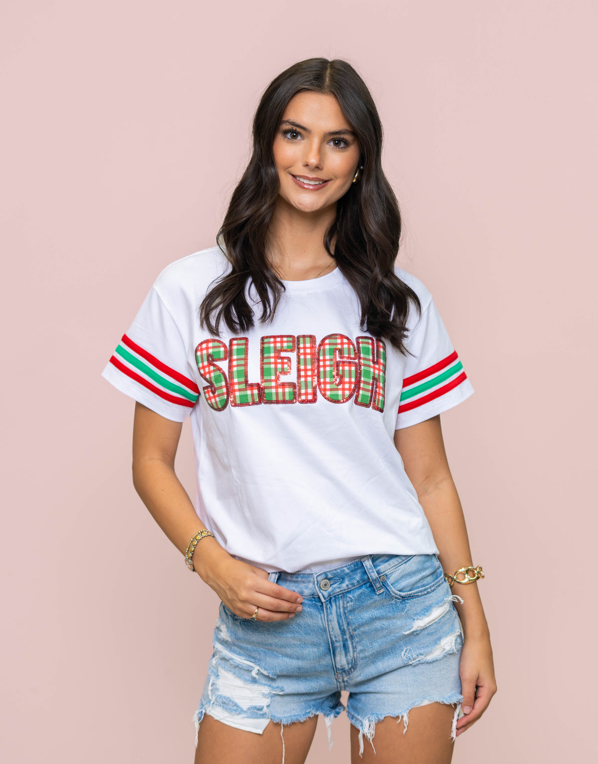 **PRE-ORDER ONLY** Wholesale | Sleigh All Day | Women's Sequin &  Appliqué Plaid Embroidery with Varsity Stripe Sleeves (White)