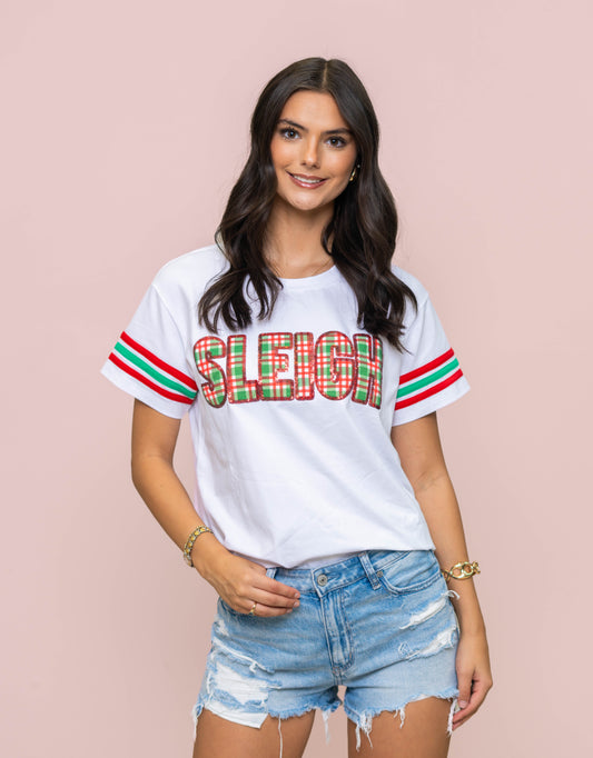 **PRE-ORDER ONLY** Wholesale | Sleigh All Day | Women's Sequin &  Appliqué Plaid Embroidery with Varsity Stripe Sleeves (White)