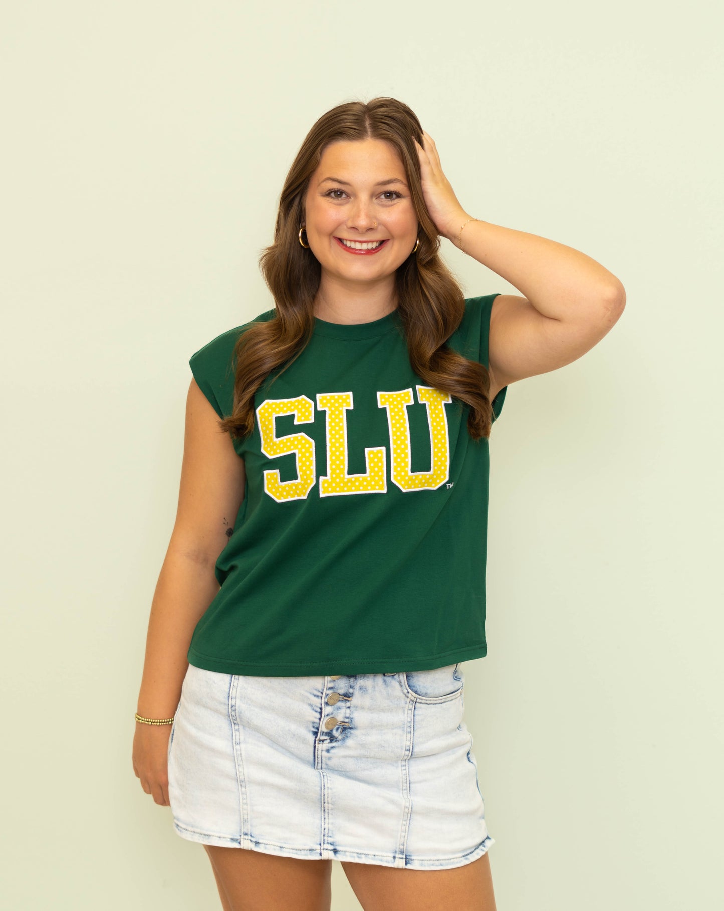 **PRE-ORDER ONLY** Wholesale | Southeastern SLU (Licensed) | Women's Polka Dot Appliqué Embroidery Boxy Tank (Green)