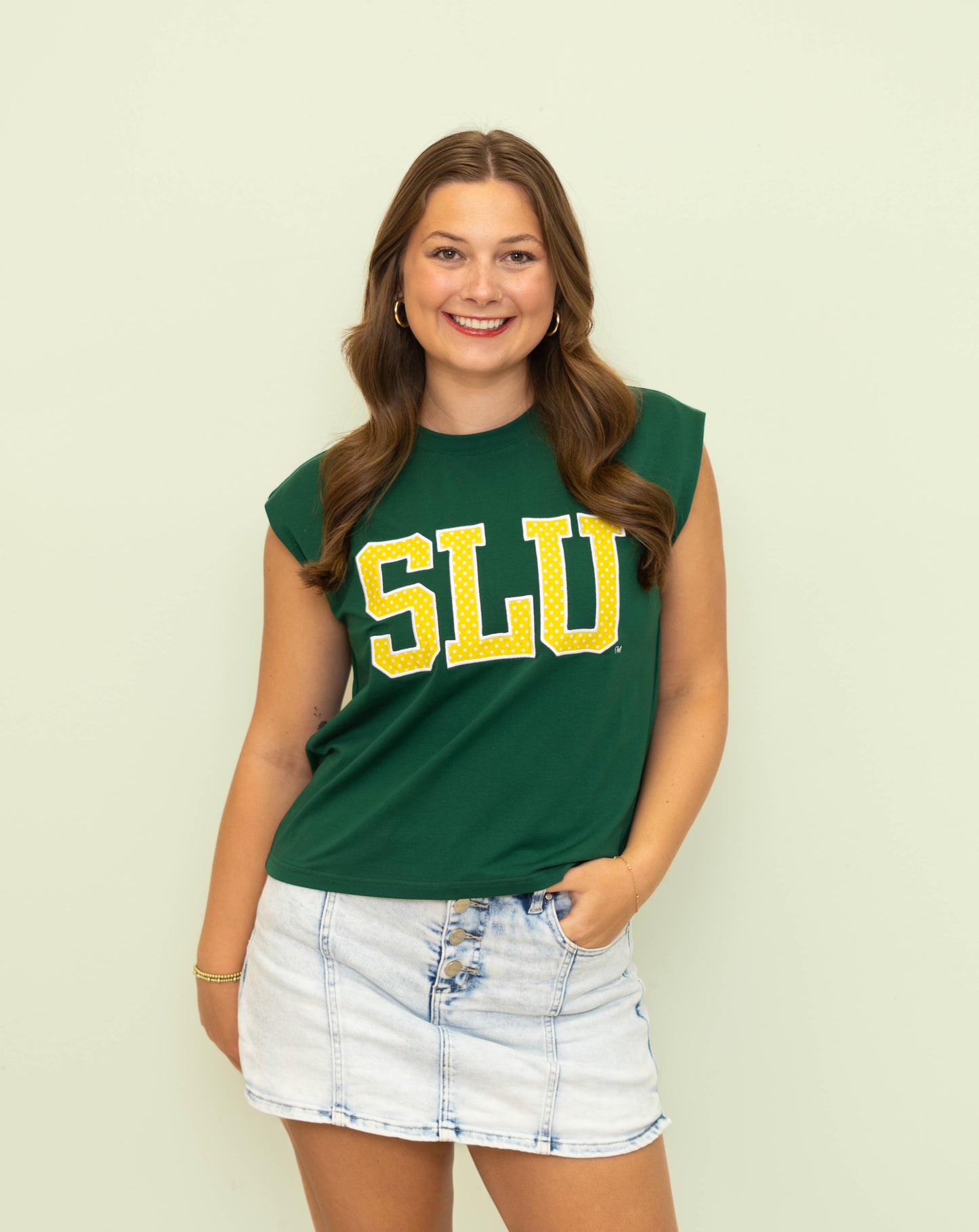 **PRE-ORDER ONLY** Wholesale | Southeastern SLU (Licensed) | Women's Polka Dot Appliqué Embroidery Boxy Tank (Green)