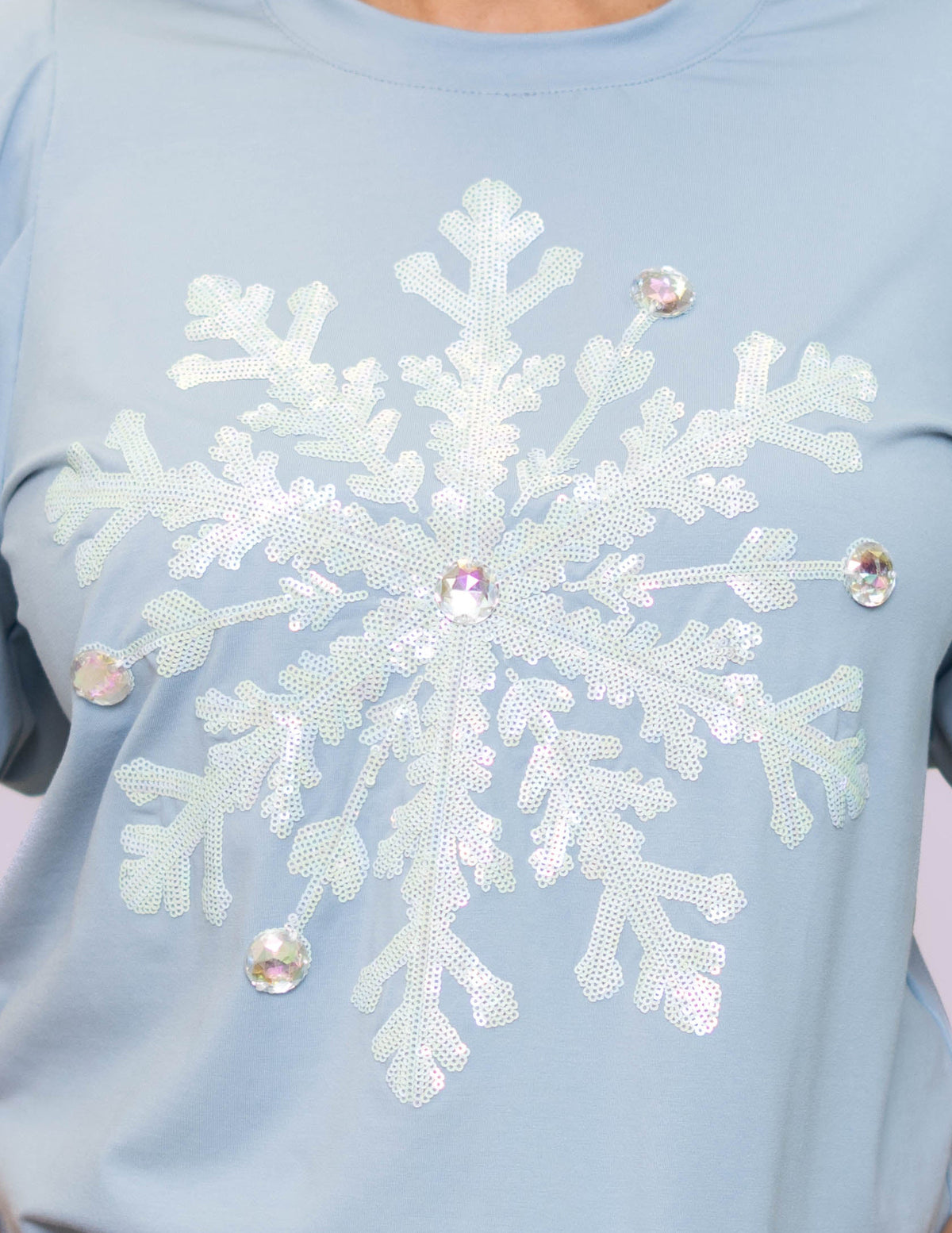 **PRE-ORDER ONLY** Wholesale | Frosted Snowflake | Women's Sequin Design Puff Sleeve Tee (Blue)