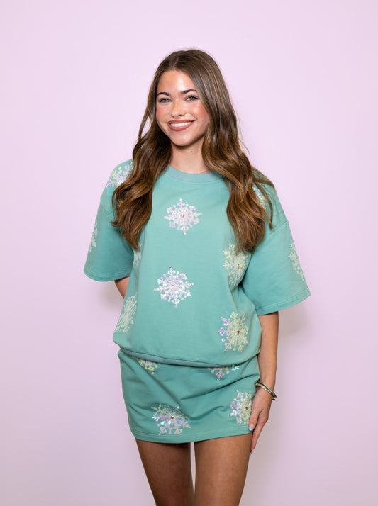 **PRE-ORDER ONLY** Snowflakes | Women's Sequin + Rhinestone 2 Piece Skort Set (Teal)