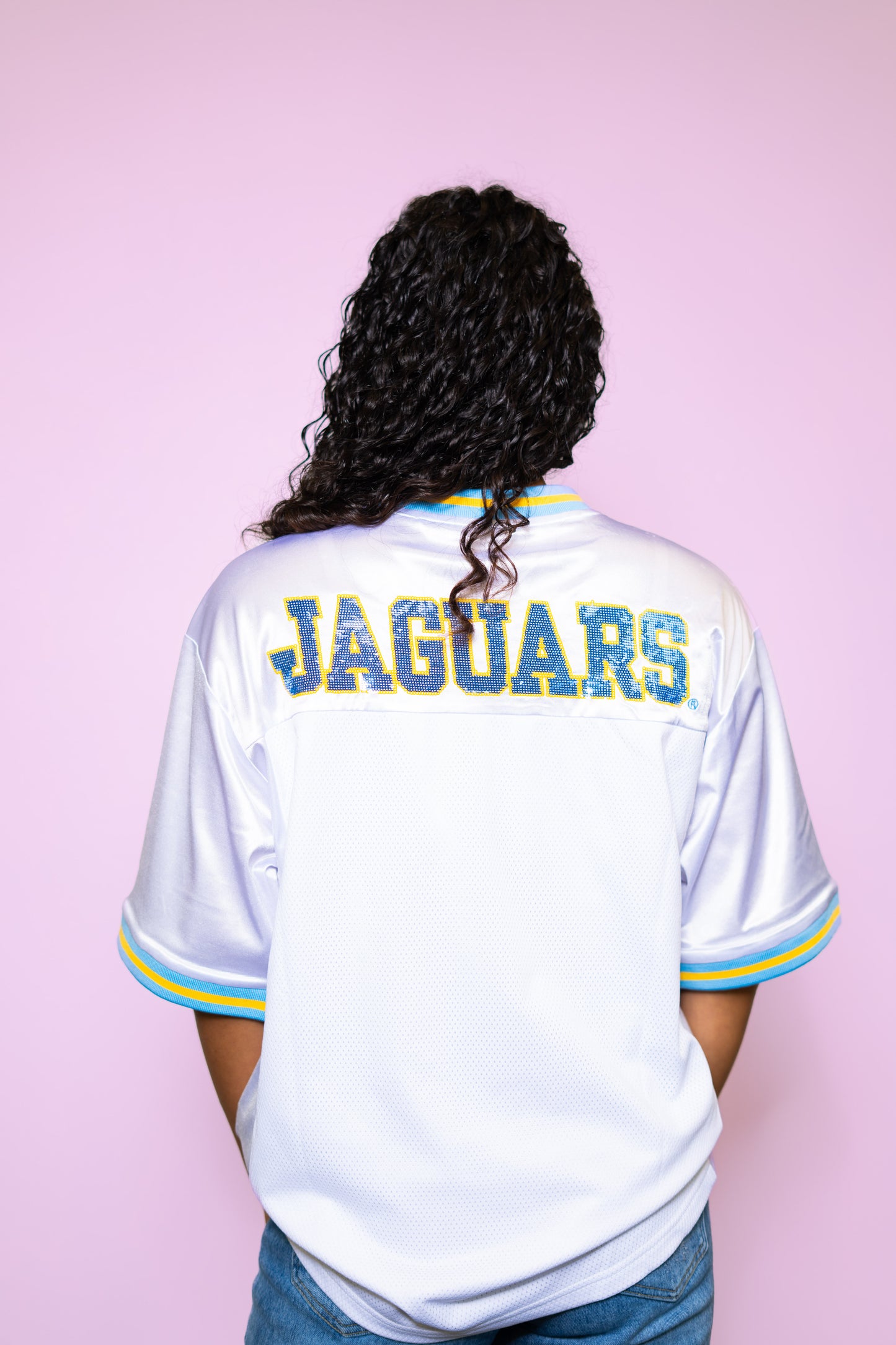Southern University Jags (LICENSED) | Women's Sequin Design Football Jersey (White)