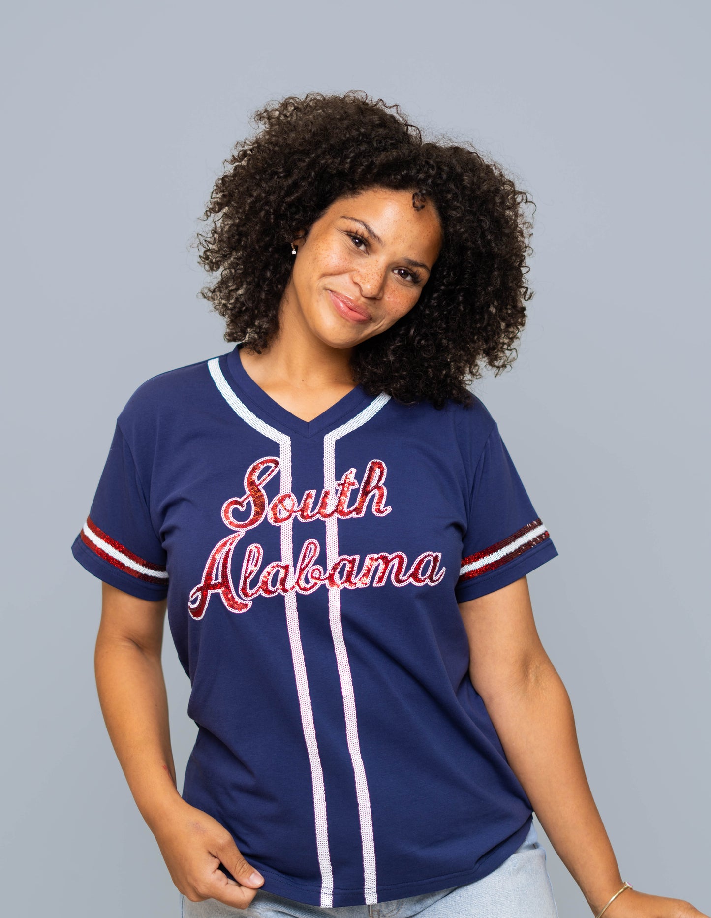 **PRE-ORDER ONLY** South Alabama (Licensed) | Women's Sequin Design Jersey Tee (Navy)