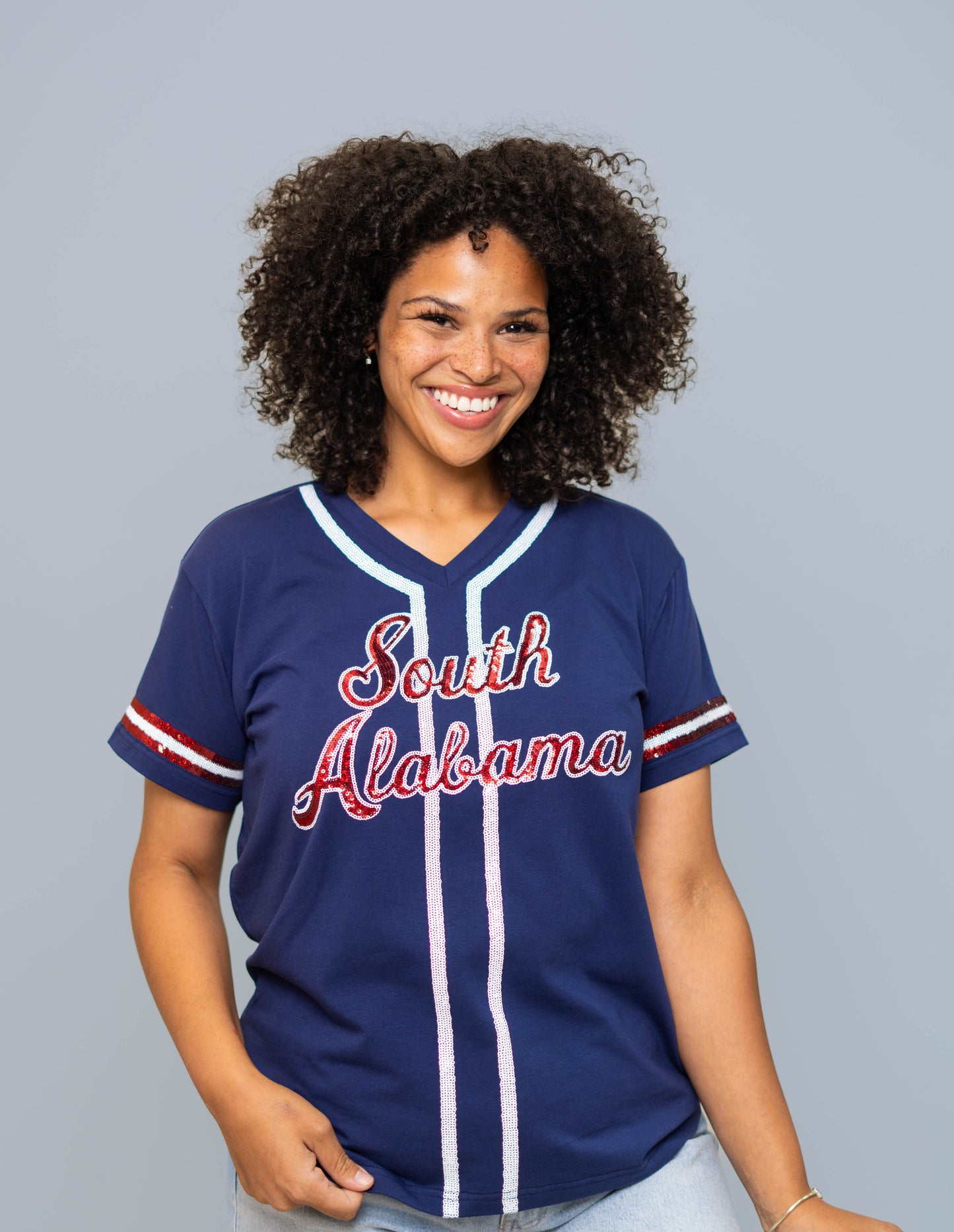 **PRE-ORDER ONLY** South Alabama (Licensed) | Women's Sequin Design Jersey Tee (Navy)