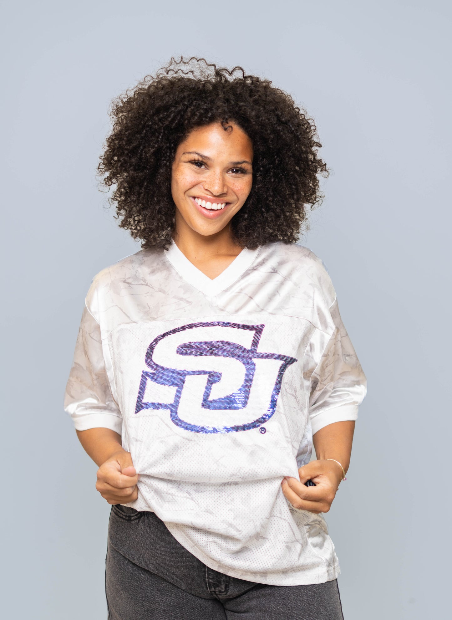 Southern University Jags (LICENSED) | Women's Sequin Design Football Jersey (White Camo)
