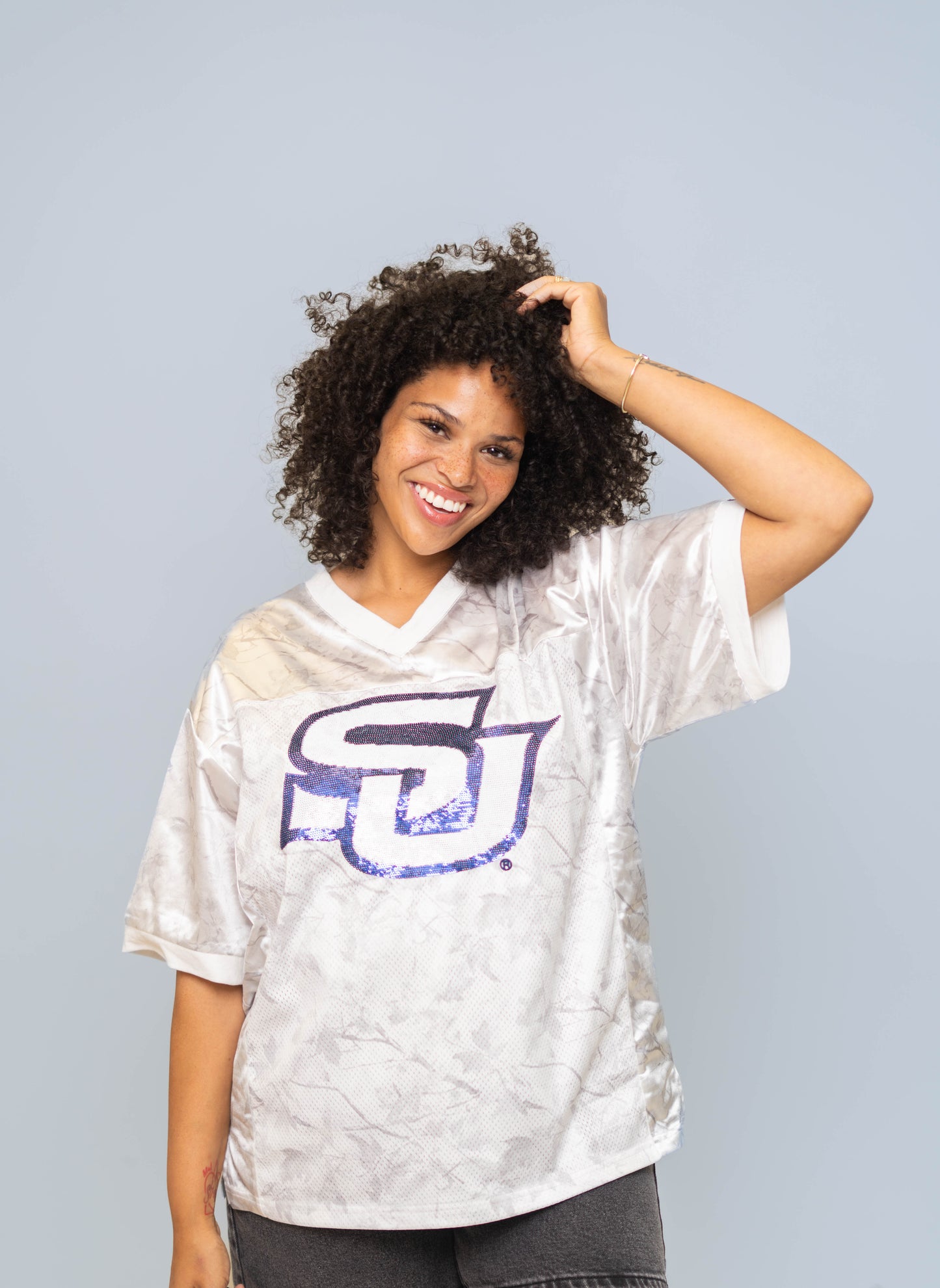 Southern University Jags (LICENSED) | Women's Sequin Design Football Jersey (White Camo)
