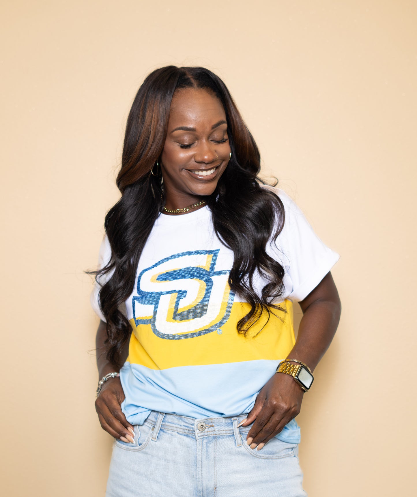 Southern University (LICENSED)  | Women's Sequin Design Color Block Cuff Sleeve Tee (White/Yellow/Blue)