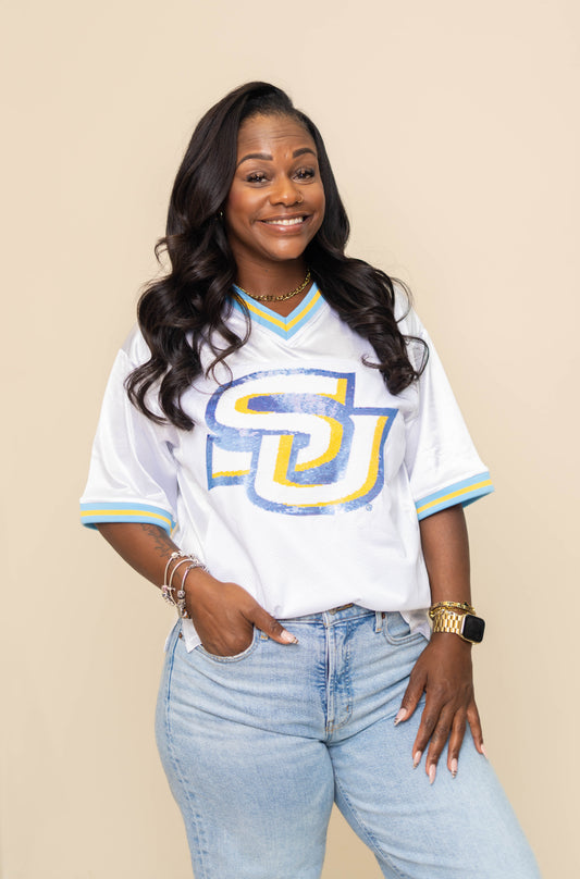 Southern University Jags (LICENSED) | Women's Sequin Design Football Jersey (White)