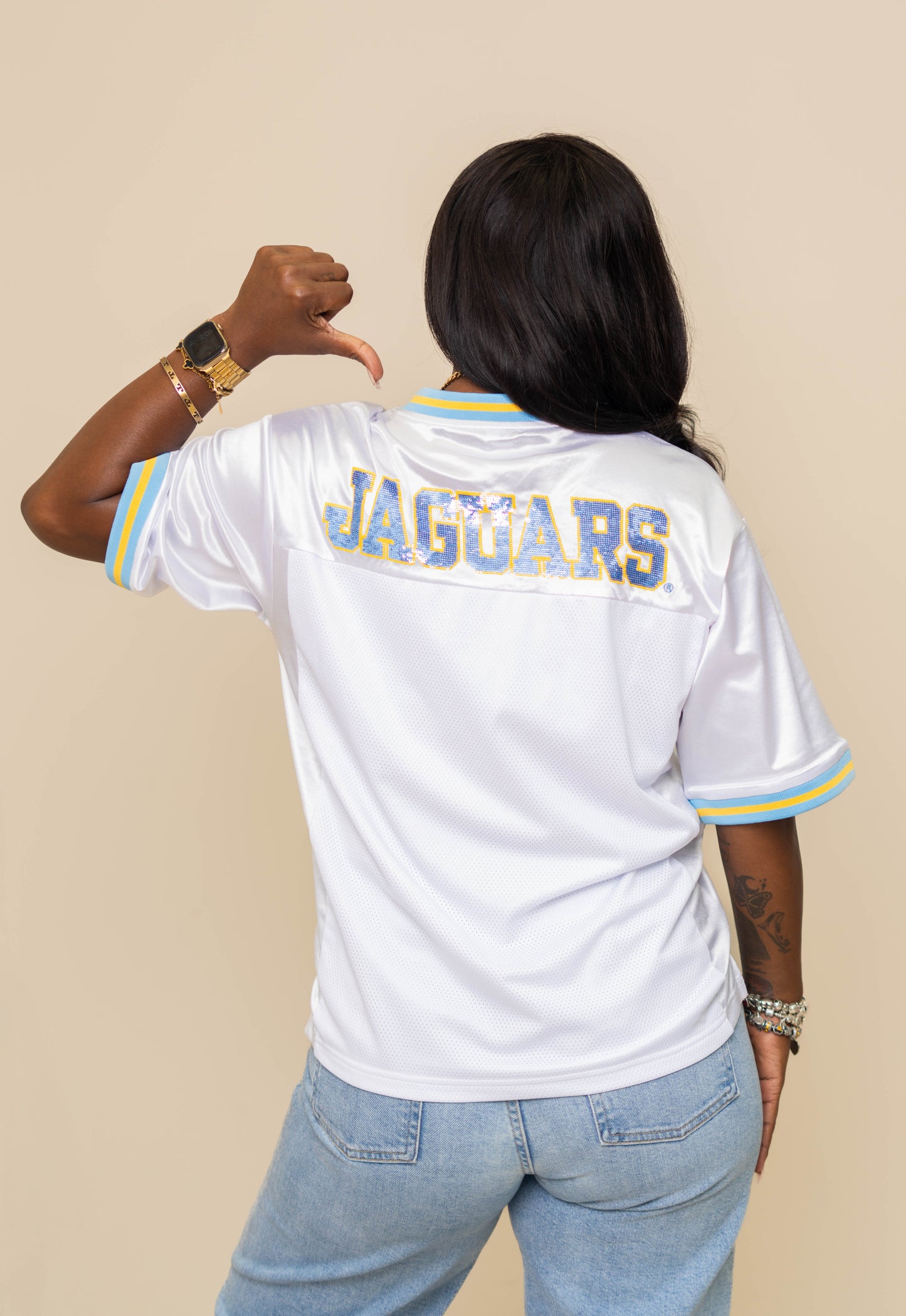 Southern University Jags (LICENSED) | Women's Sequin Design Football Jersey (White)