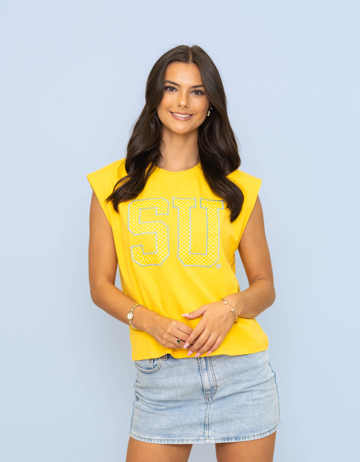 Southern University (Licensed) | Women's Polka Dot Appliqué Embroidery Boxy Tank (Yellow)