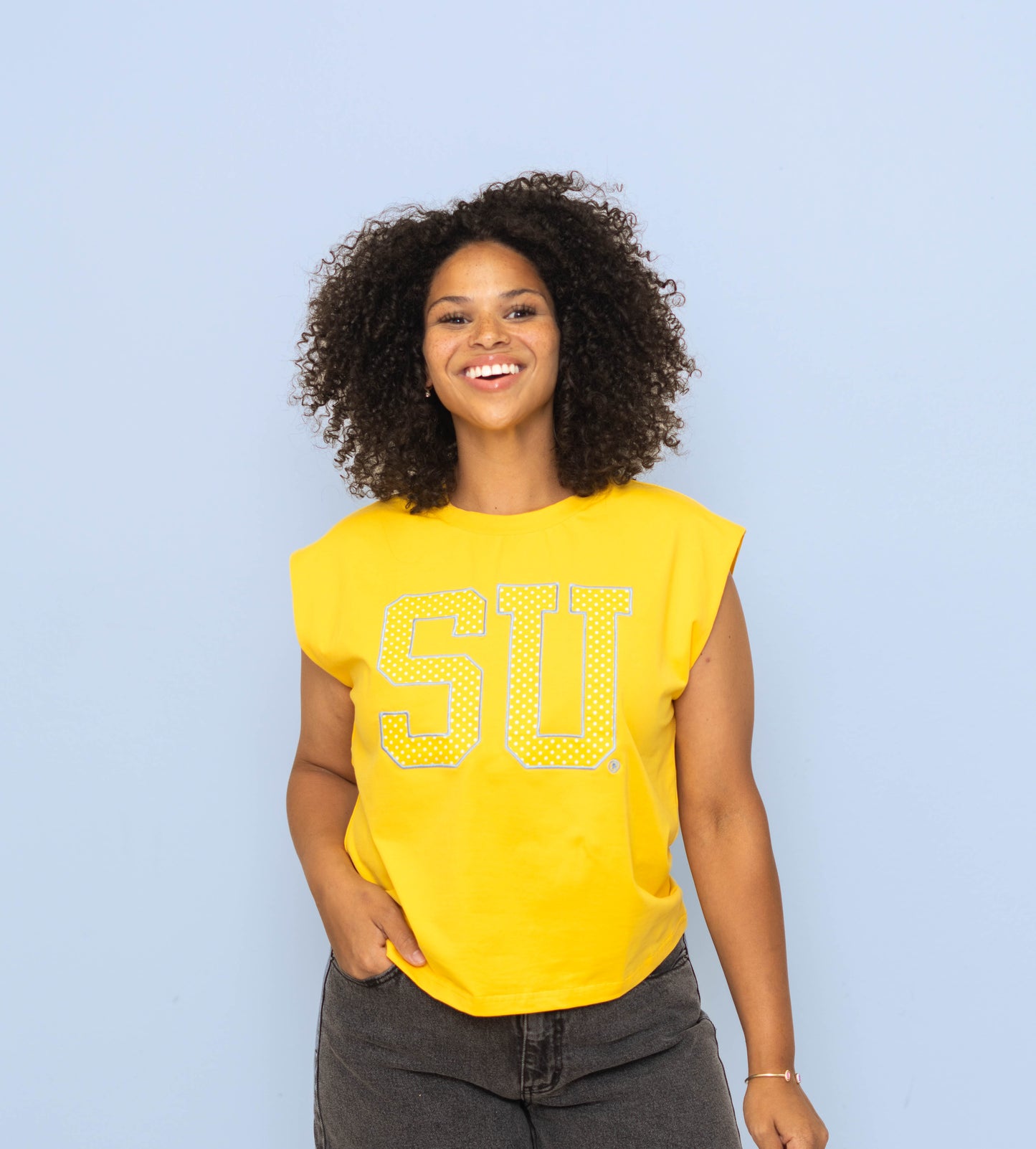Southern University (Licensed) | Women's Polka Dot Appliqué Embroidery Boxy Tank (Yellow)