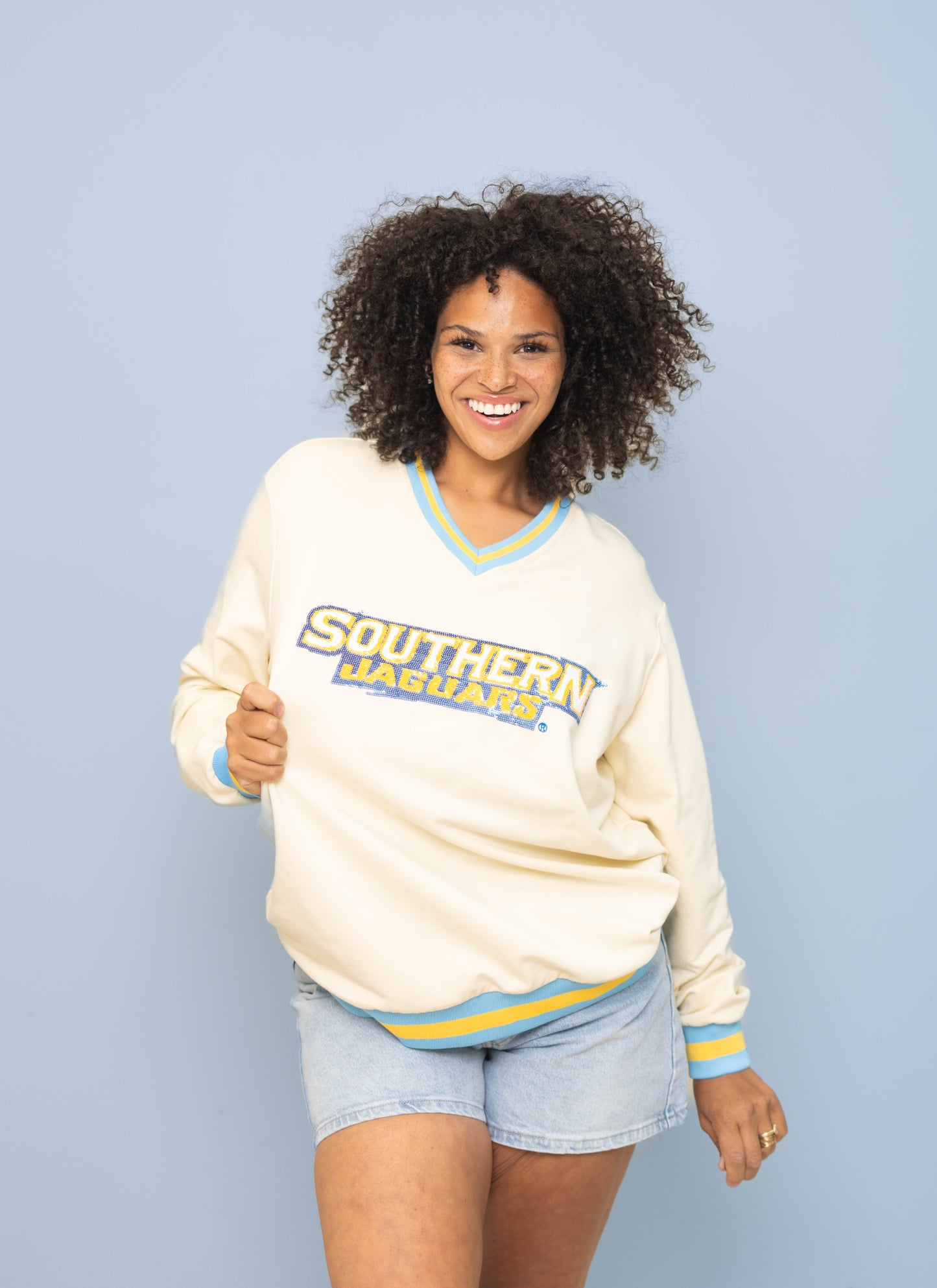Southern University (Licensed) | Women's Sequin Design Varsity Stripe Pullover (Cream)