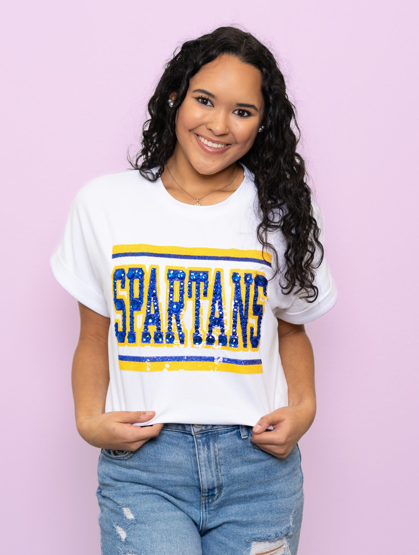 **PRE-ORDER ONLY** Jeweled Spartans | Women's Sequin + Jewel Design Cuff Sleeve Tee (White)