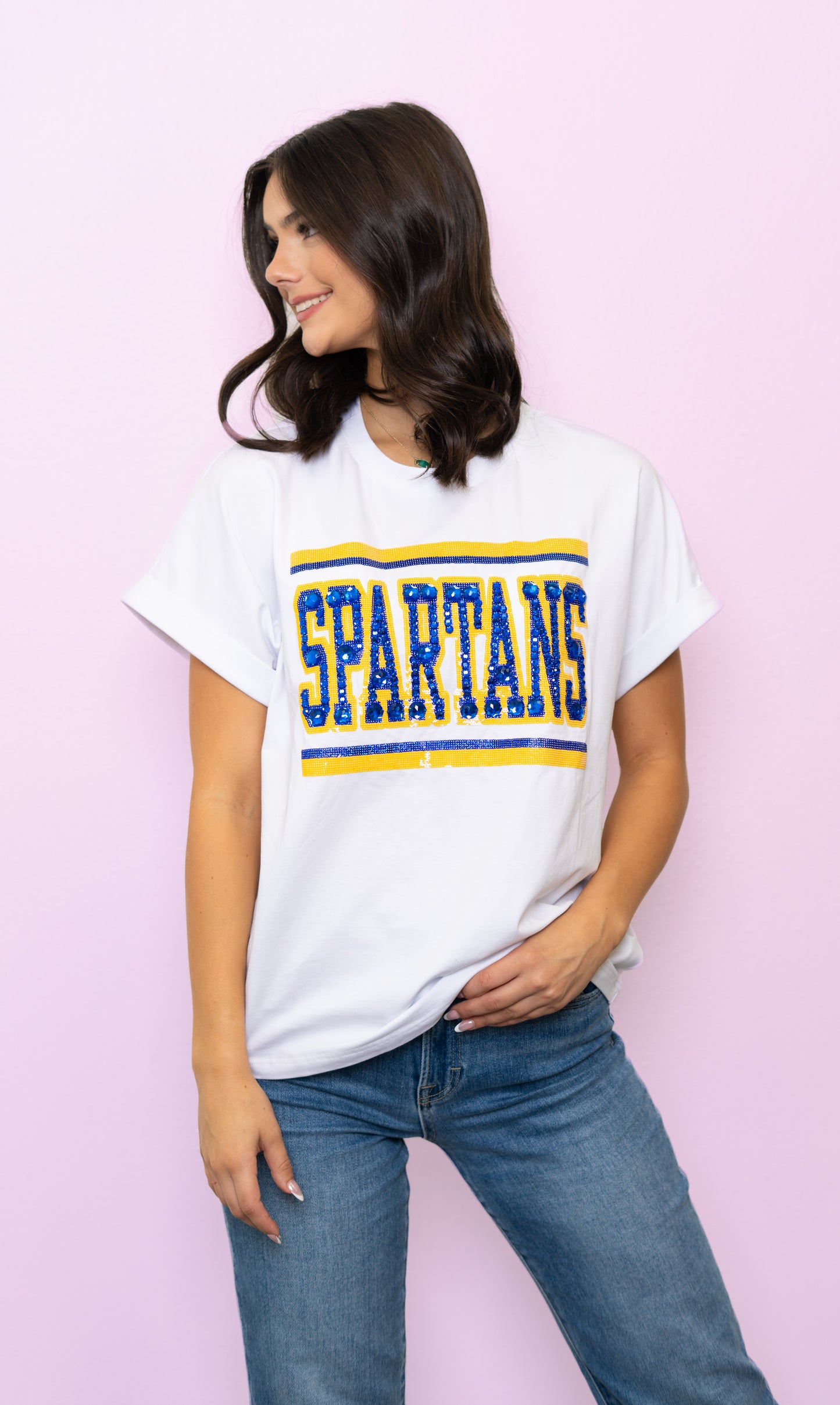 **PRE-ORDER ONLY** Jeweled Spartans | Women's Sequin + Jewel Design Cuff Sleeve Tee (White)