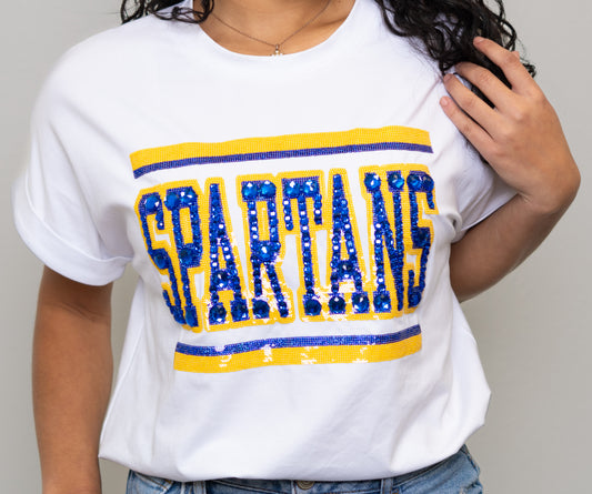 **PRE-ORDER ONLY** Jeweled Spartans | Women's Sequin + Jewel Design Cuff Sleeve Tee (White)