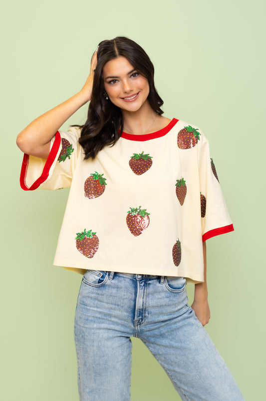 **PRE-ORDER ONLY**  Scattered Strawberry Festival | Women's Sequin Design Oversized Tee (Cream)