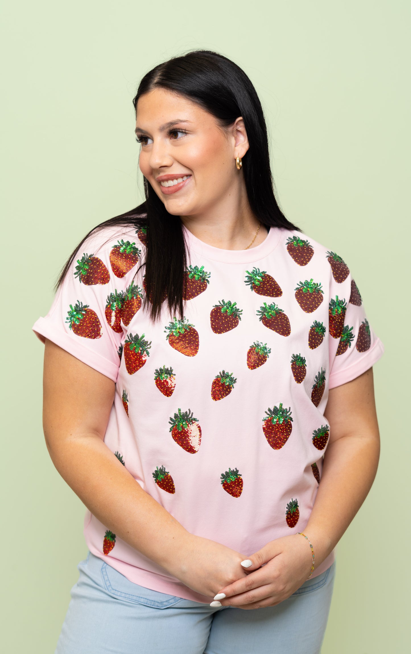 Strawberry Patch | Women's Sequin Design Cuff Sleeve Tee (Pink)