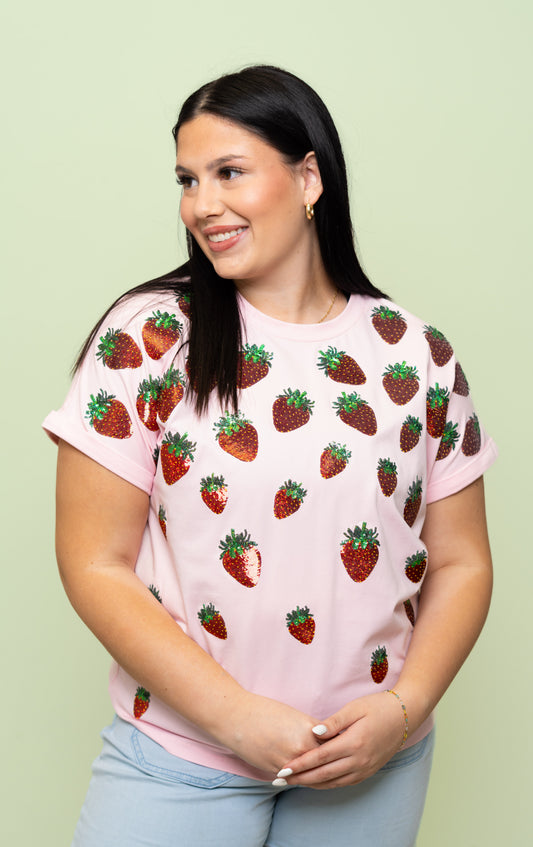 Strawberry Patch | Women's Sequin Design Cuff Sleeve Tee (Pink)