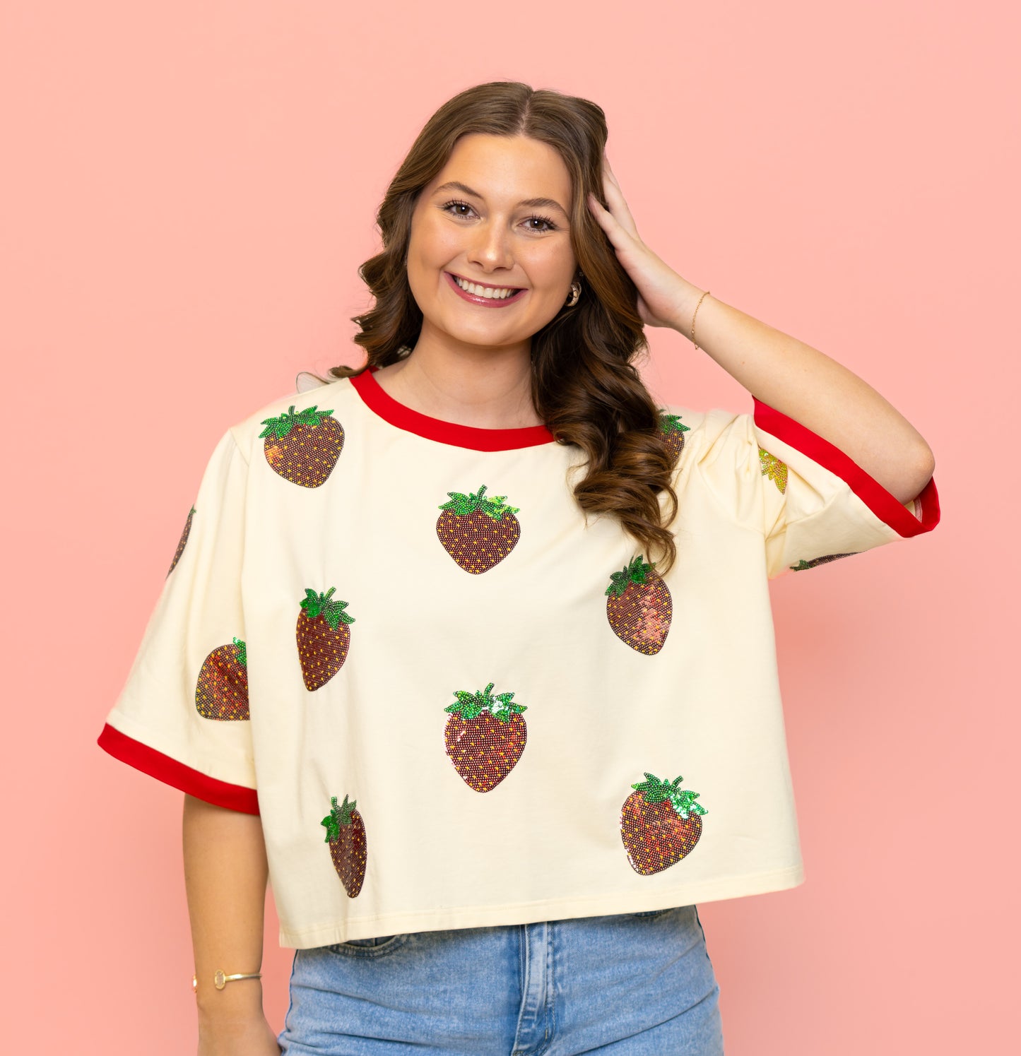 Scattered Strawberry Festival | Women's Sequin Design Oversized Tee (Cream)