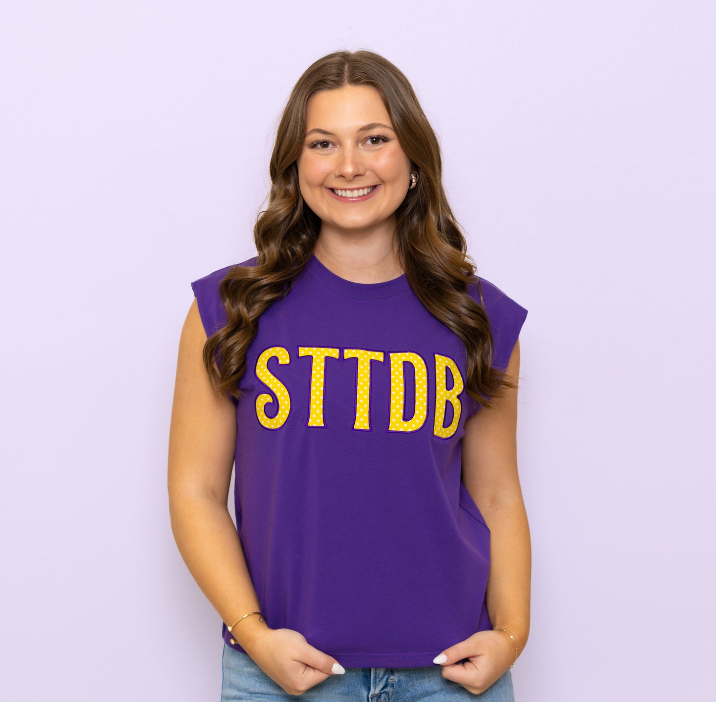 **PRE-ORDER ONLY** Wholesale | STTDB | Women's Polka Dot Appliqué Embroidery Boxy Tank (Purple)
