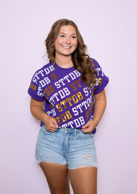 **PRE-ORDER ONLY** STTDB Varsity Block | Women's Sequin Design Cuff Sleeve Tee (Purple)