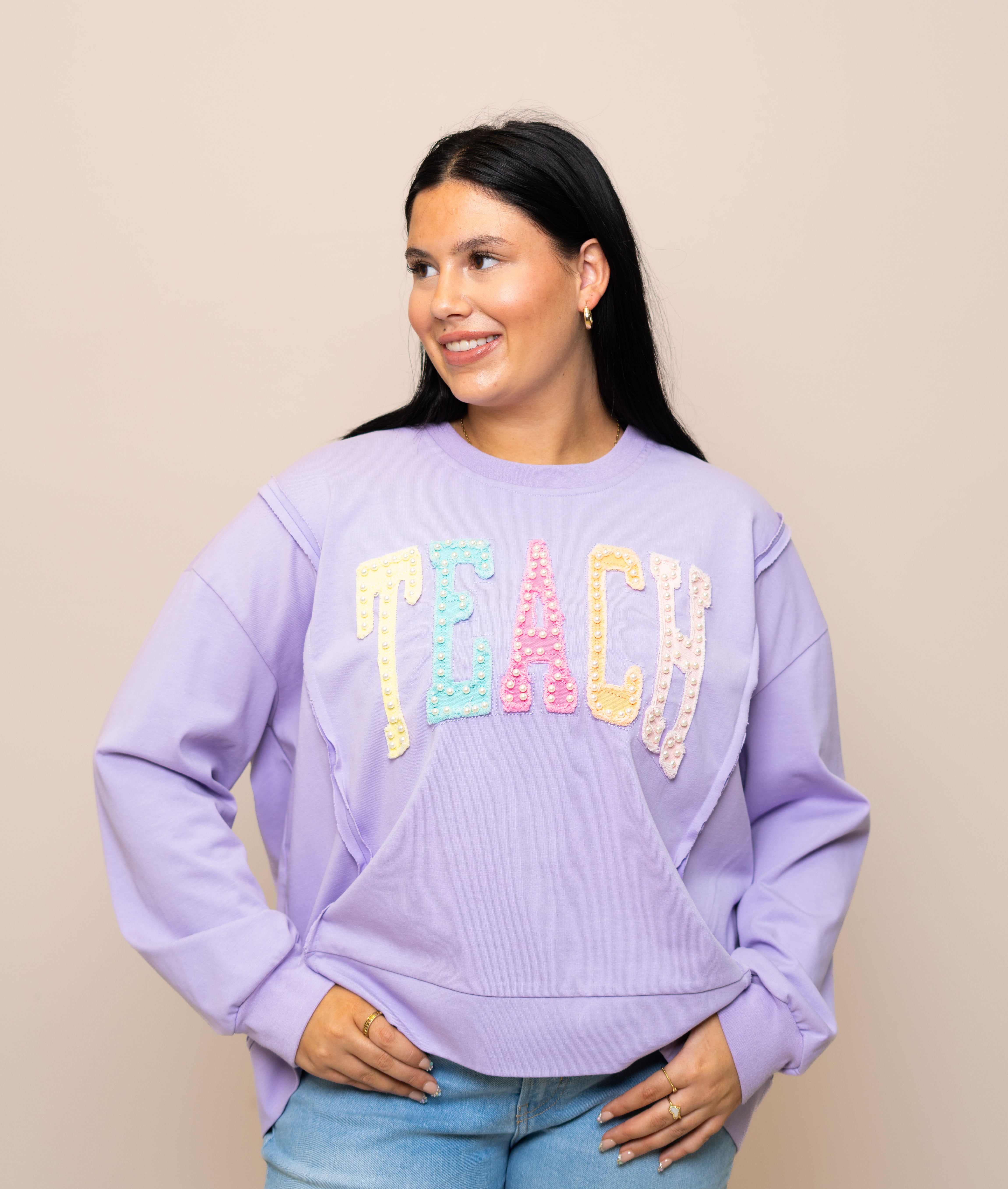 Distressed Embroid TEACH | Women's Distressed Embroidery Pullover (Lavender) – Bomb Designs