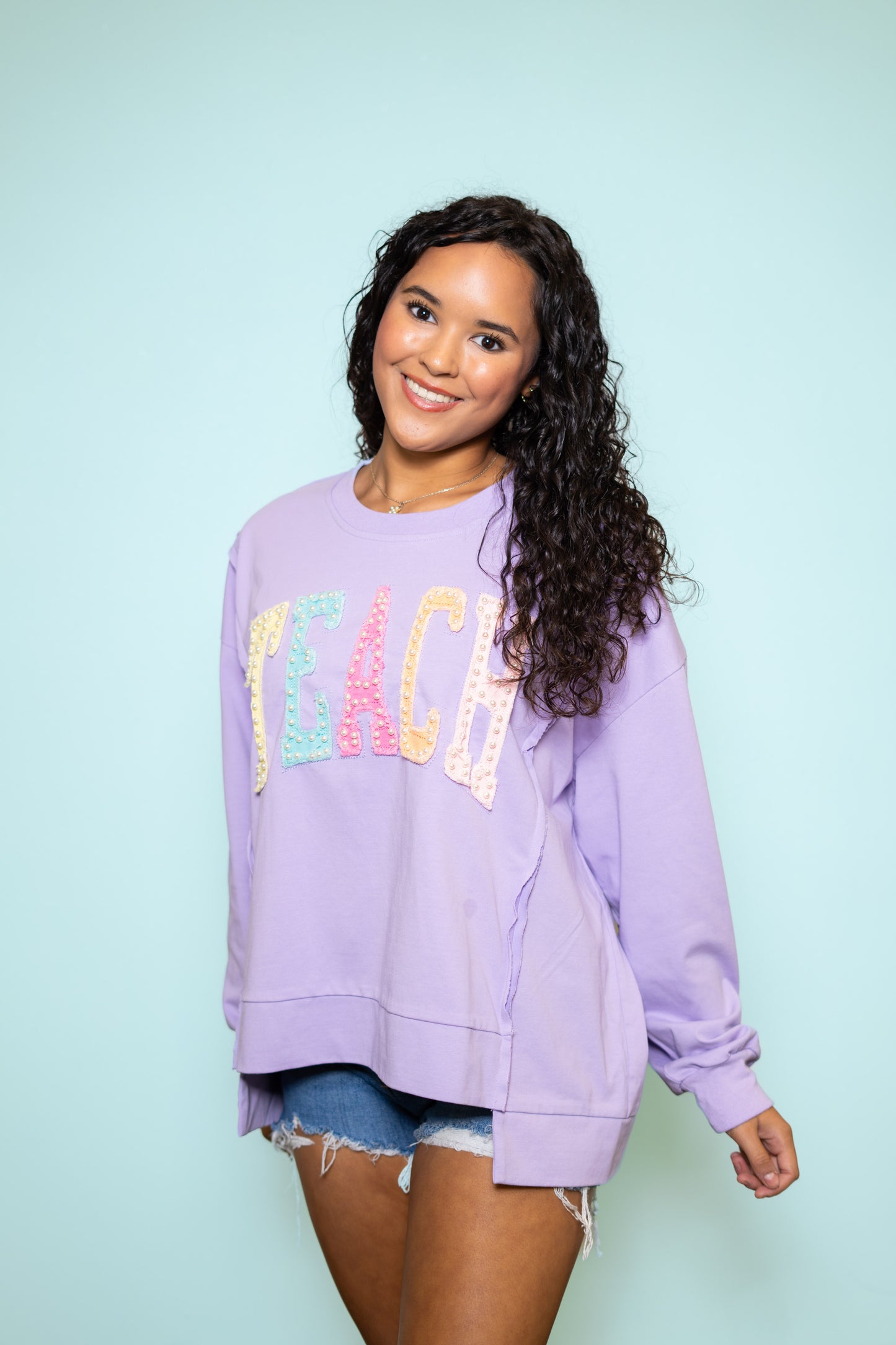 **PRE-ORDER** TEACH | Women's Distressed Embroidery Pullover (Lavender)