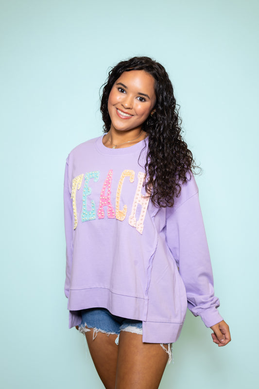**PRE-ORDER** TEACH | Women's Distressed Embroidery Pullover (Lavender)