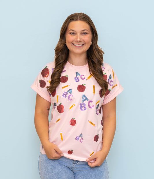 Scattered ABCS | Women's Sequin Design Cuff Sleeve Tee (Pink)