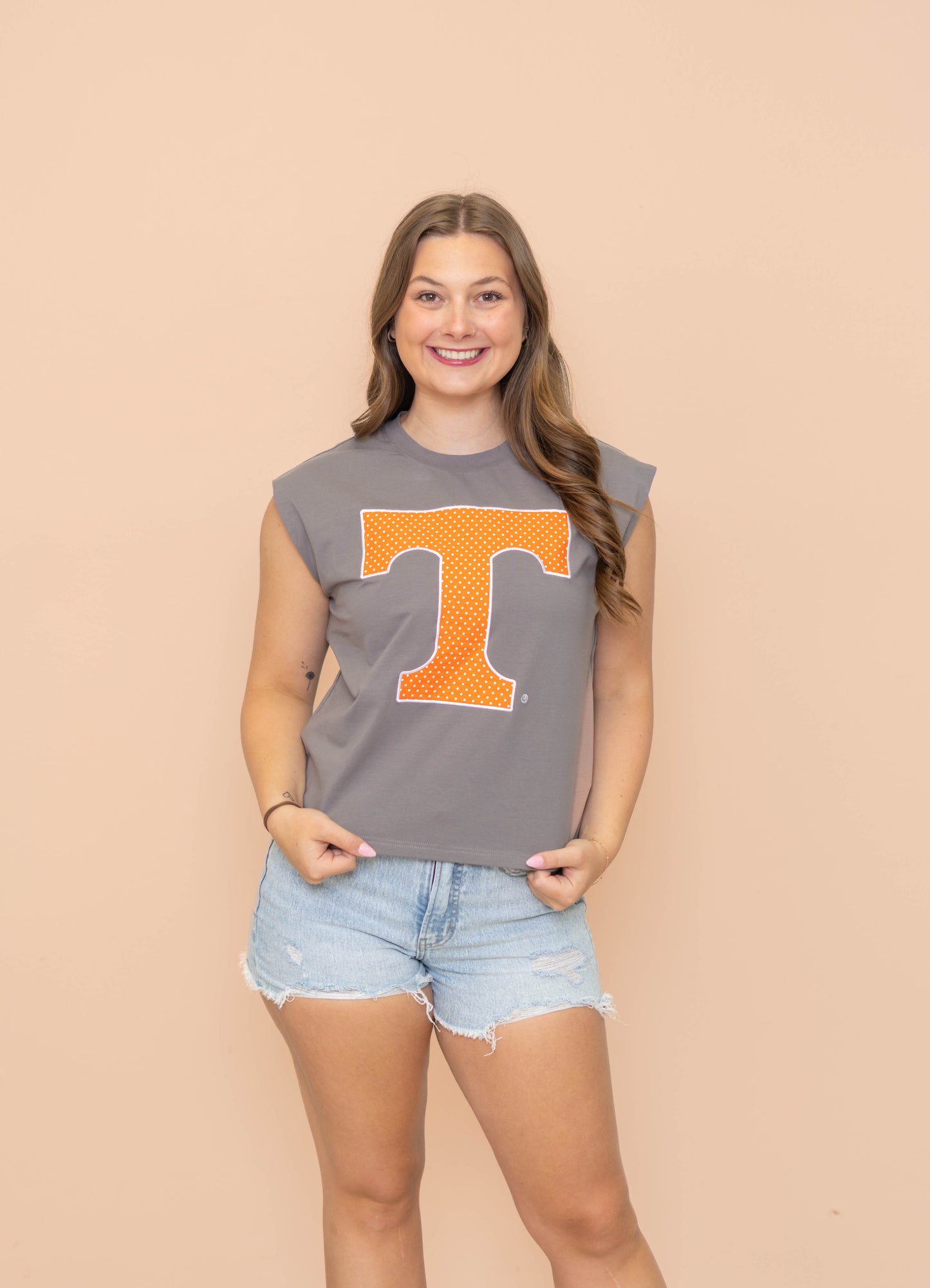 Tennessee (Licensed) | Women's Polka Dot Appliqué Embroidery Boxy Tank (Gray)