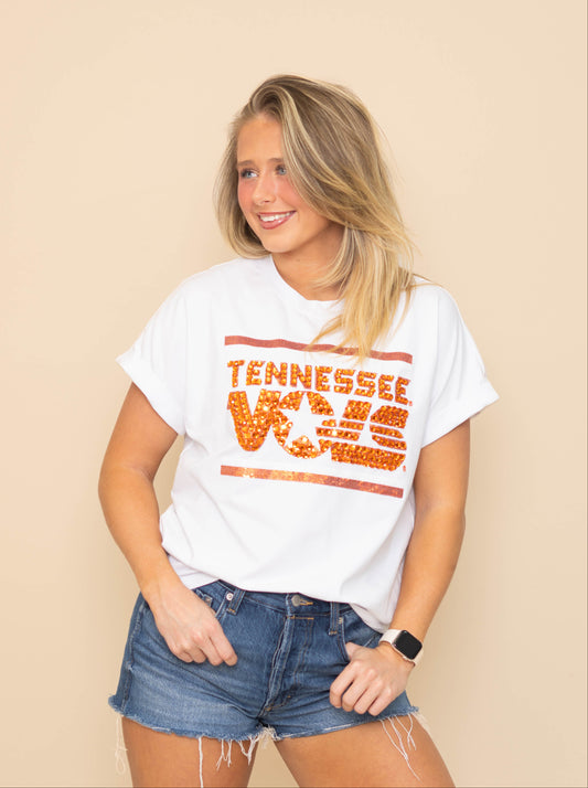 Wholesale | Tennessee Vols (LICENSED) | Women's Sequin + Jewel Design Cuff Sleeve (White)
