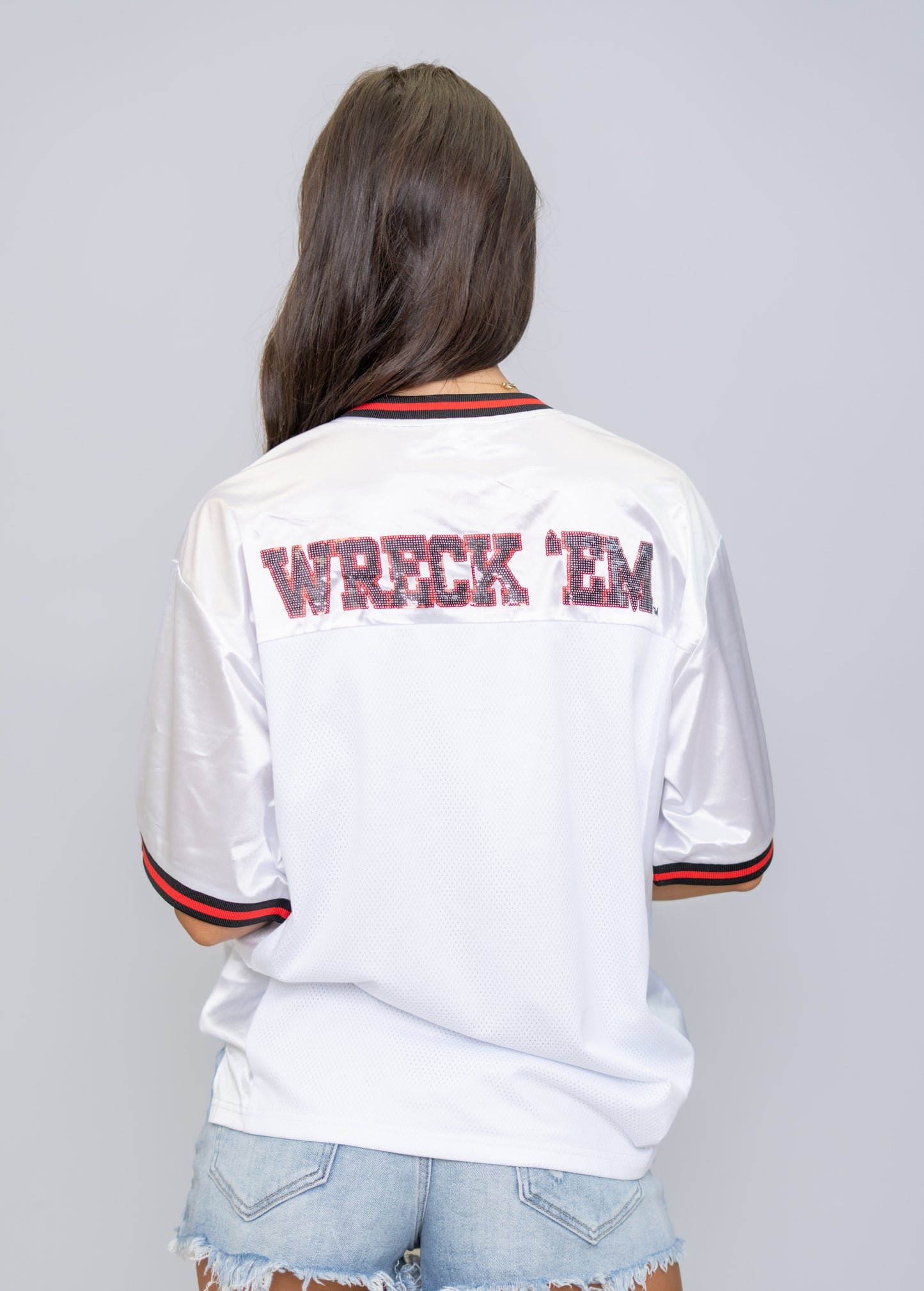 Texas Tech (Licensed) | Women's Sequin Design Football Jersey (White)