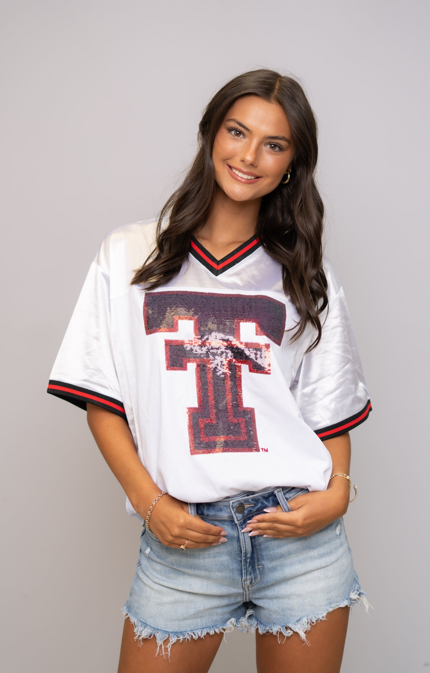 Texas Tech (Licensed) | Women's Sequin Design Football Jersey (White)