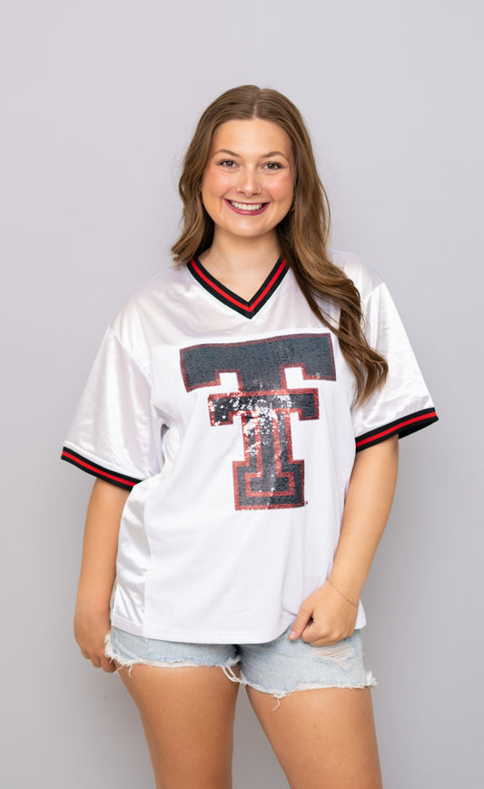 **PRE-ORDER ONLY** Wholesale | Texas Tech (Licensed) | Women's Sequin Design Football Jersey (White)
