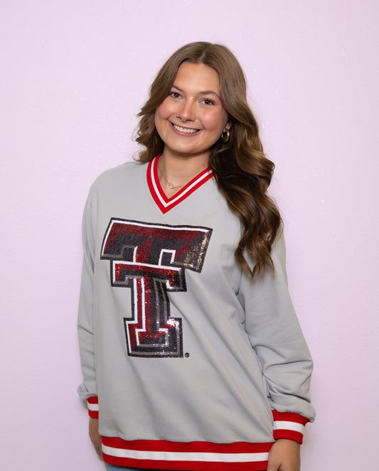 **PRE-ORDER ONLY** Wholesale | Texas Tech (Licensed) | Women's Sequin Design Varsity Stripe Pullover (Grey)