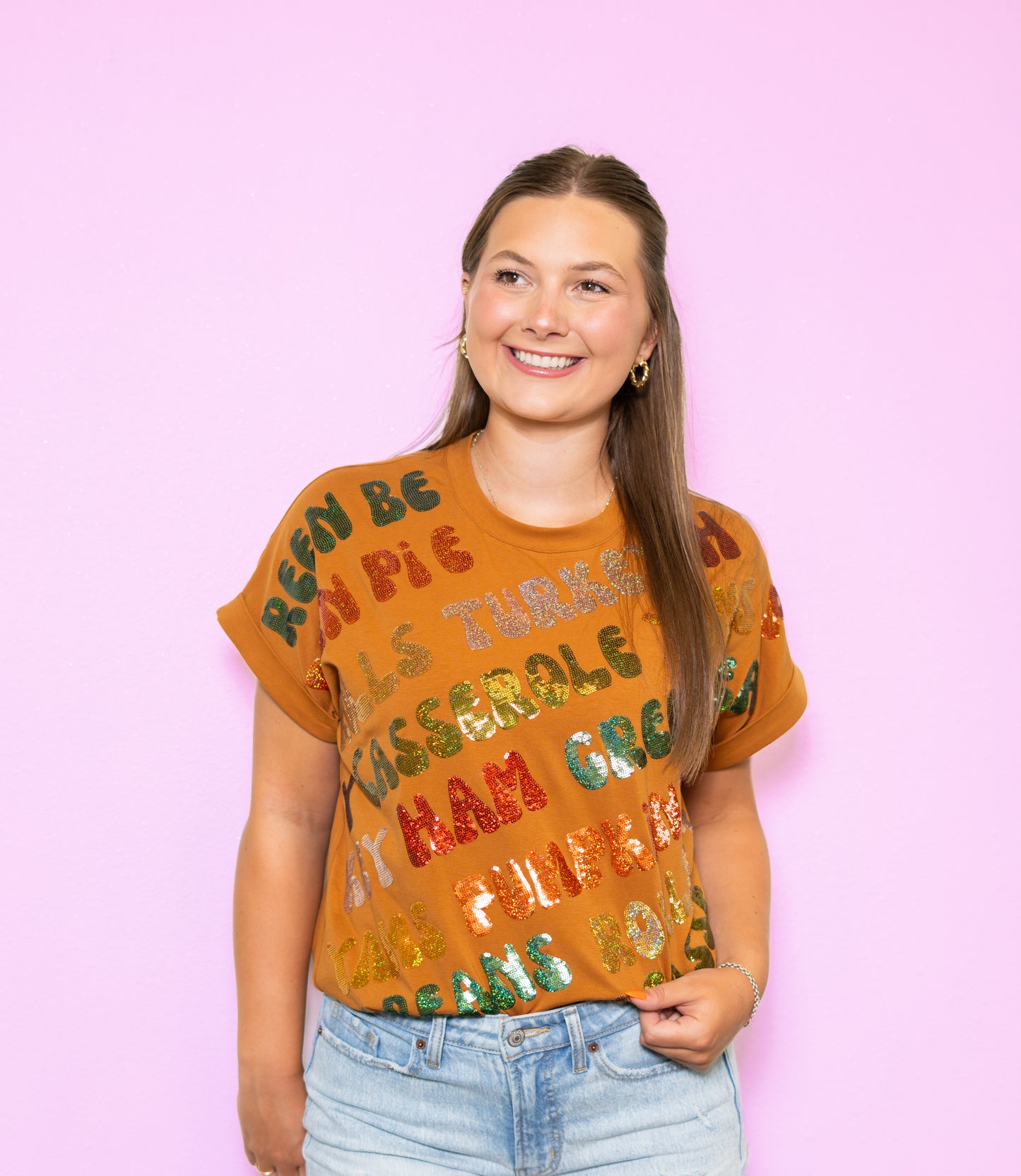 **PRE-ORDER ONLY** Thanksgiving | Women's Sequin Design Cuff Sleeve Tee (Copper)