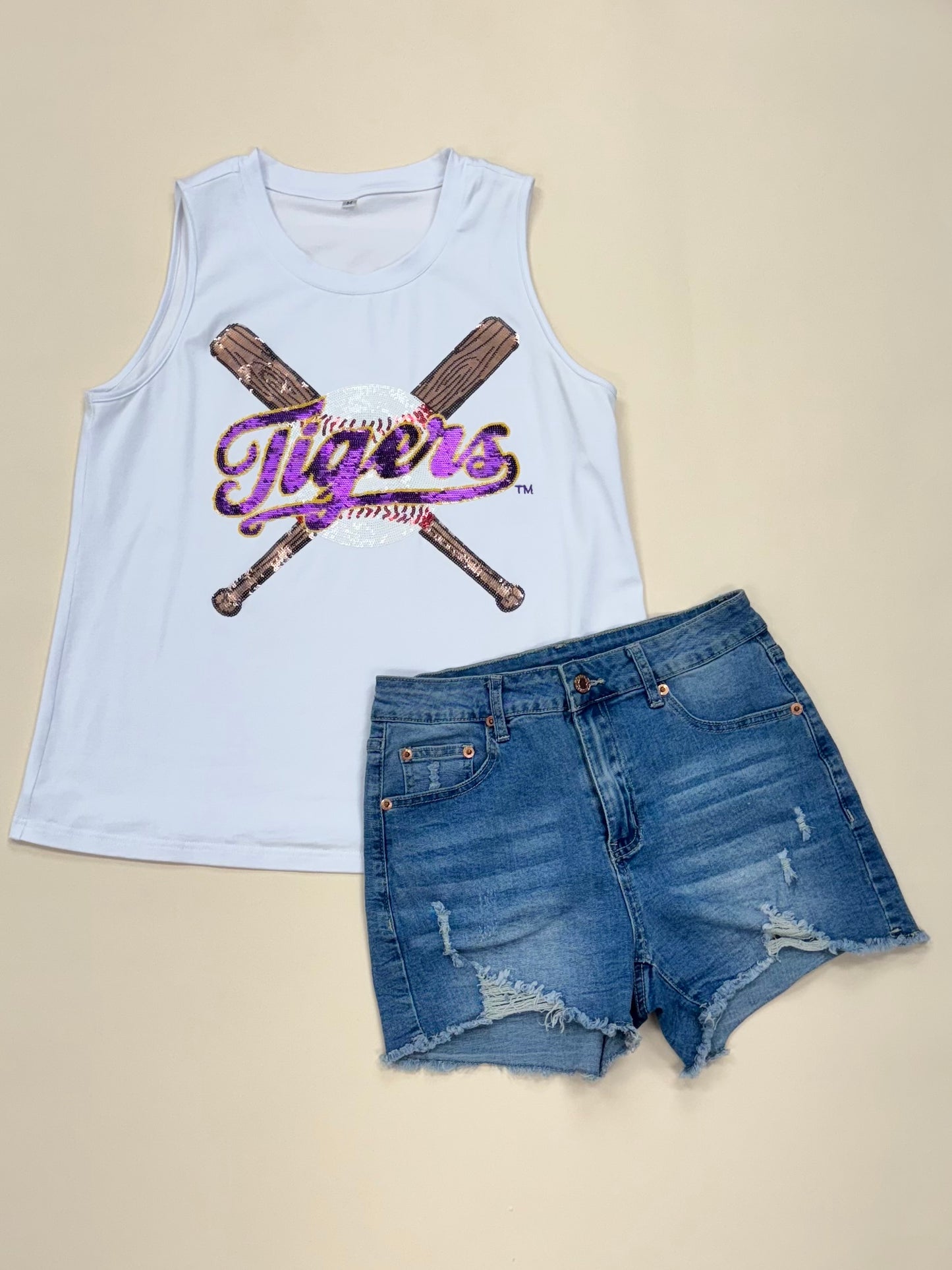 LSU Tigers Baseball Bats (LICENSED) | Women's Sequin Design Tank (White)