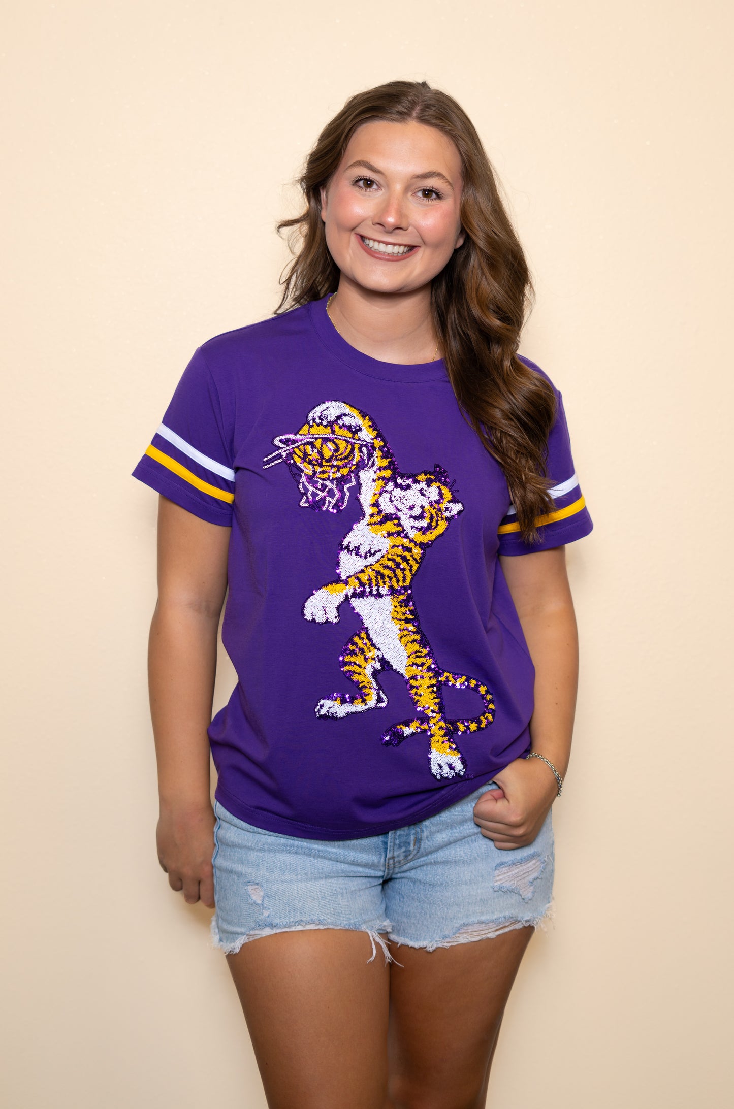 **PRE-ORDER ONLY** LSU Vintage Basketball (Licensed) | Women's Sequin Design Tee with Varsity Stripes (Purple)