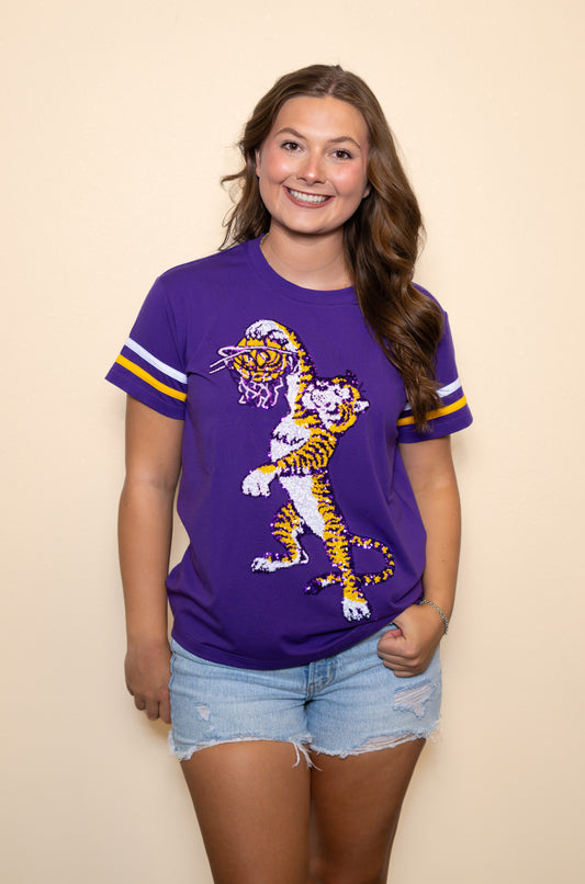 **PRE-ORDER ONLY** LSU Vintage Basketball (Licensed) | Women's Sequin Design Tee with Varsity Stripes (Purple)